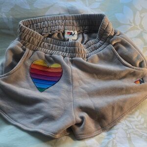 Aviator Nation Tan Shorts ~ stitched Rainbow Heart Patch